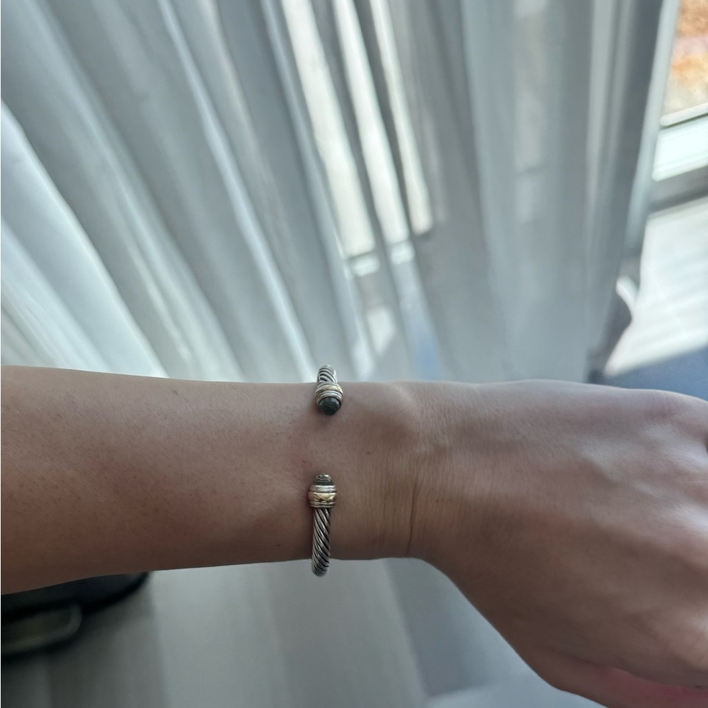 David Yurman Silver Cable Bracelet with Gold and Green Accents
